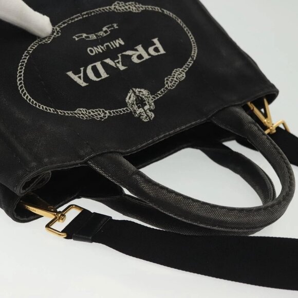 PRADA Canapa PM Hand Bag Canvas 2way Black Gold Auth - Picture 8 of 16